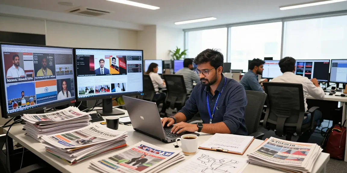 Dynamic newsroom at https://www.theindaily.com with journalists engaged in live updates on India news.