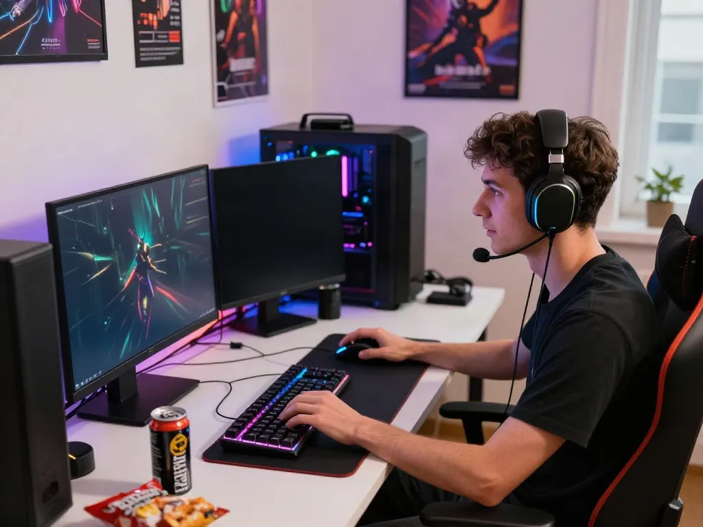 Engaged gamer at a high-tech desk in an action-packed akunjp gaming setup.