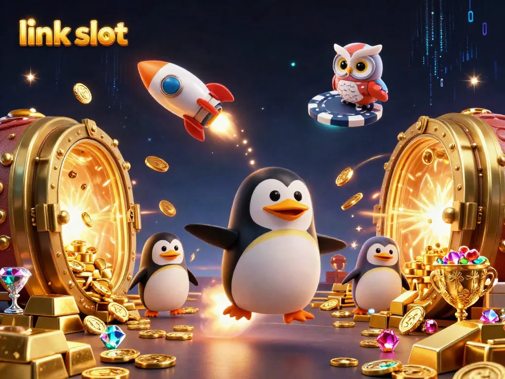 Menangkan hadiah di link slot dengan penguin emas dan chip poker dalam adegan penuh keajaiban.