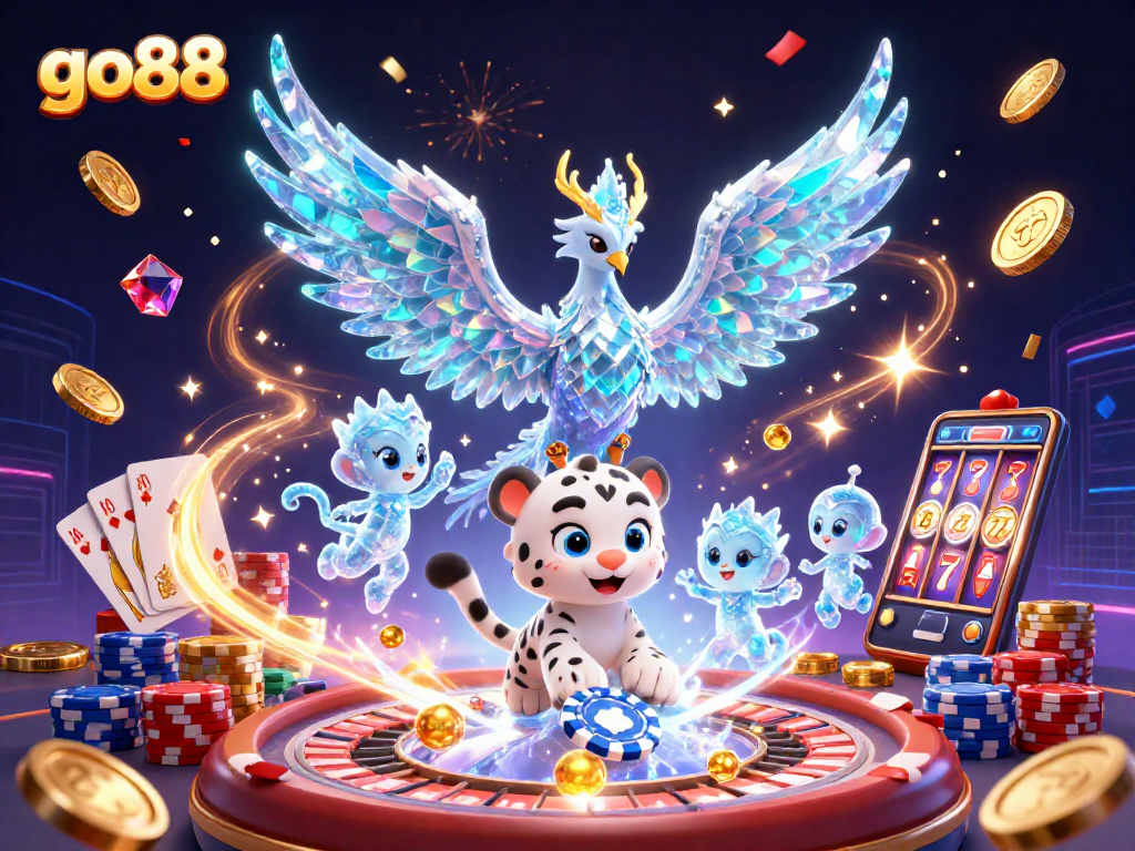 Engage with go88's immersive gaming experience featuring a phoenix, snow leopard, and sparkling casino elements.