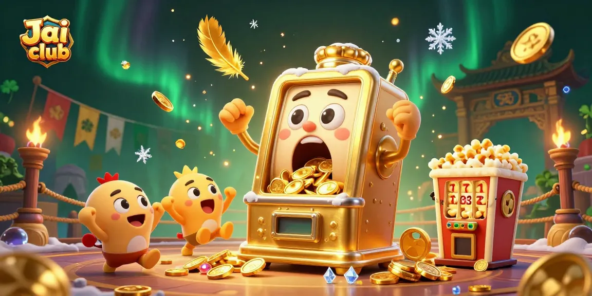 Experience the excitement at Jai club with a golden slot machine hitting the jackpot amidst vibrant casino elements.