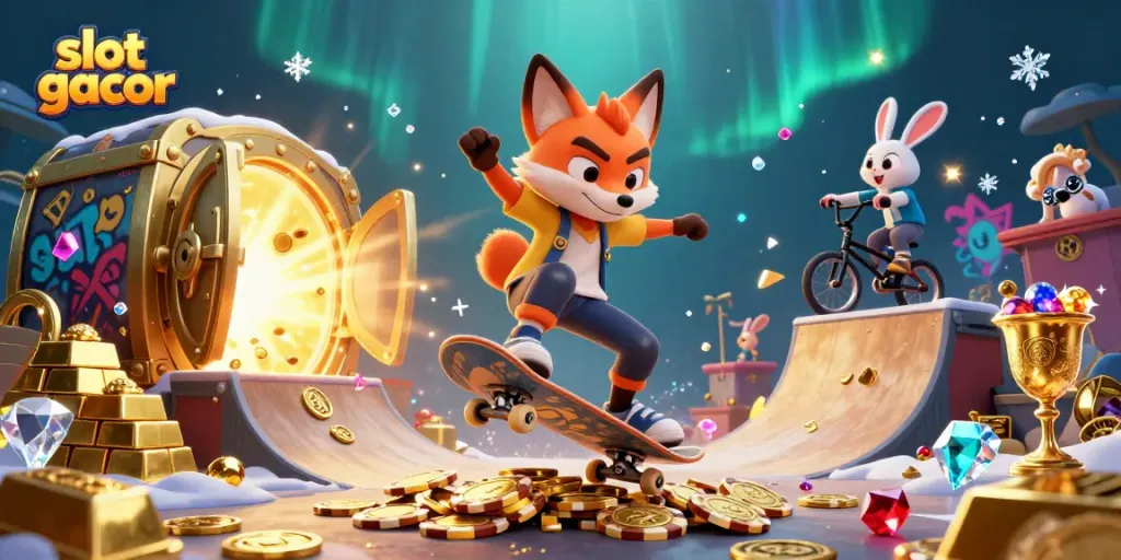 Experience the thrill of slot gacor with dynamic characters performing tricks in a vibrant casino scene.