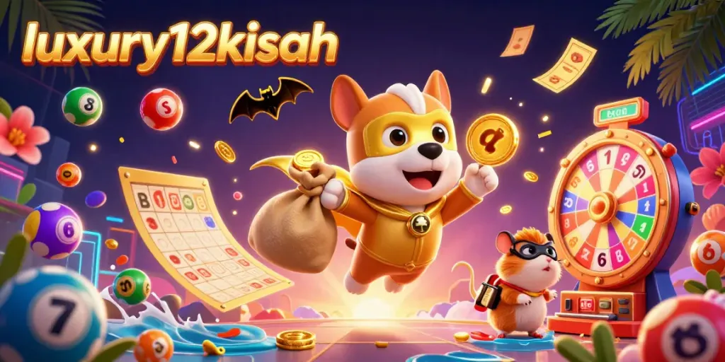Experience the excitement of luxury12kisah with a vibrant casino-themed 3D illustration featuring a superhero dog and dynamic gaming elements.