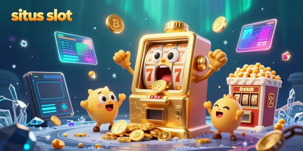 Mesin slot sentient menang jackpot di situs slot sambil dikelilingi elemen kasino.