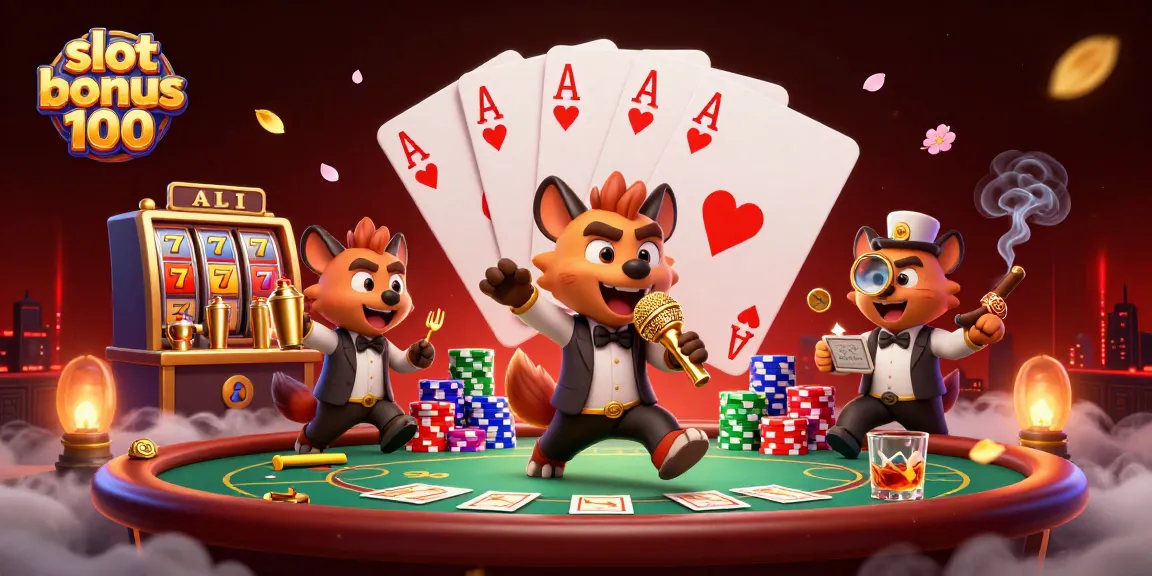 Hyenas entertain at a casino club, promoting the slot bonus 100 for new players.