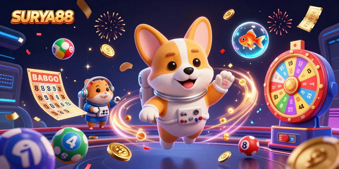 SURYA88 showcases a vibrant casino scene with a floating corgi, hamster control, and colorful game elements