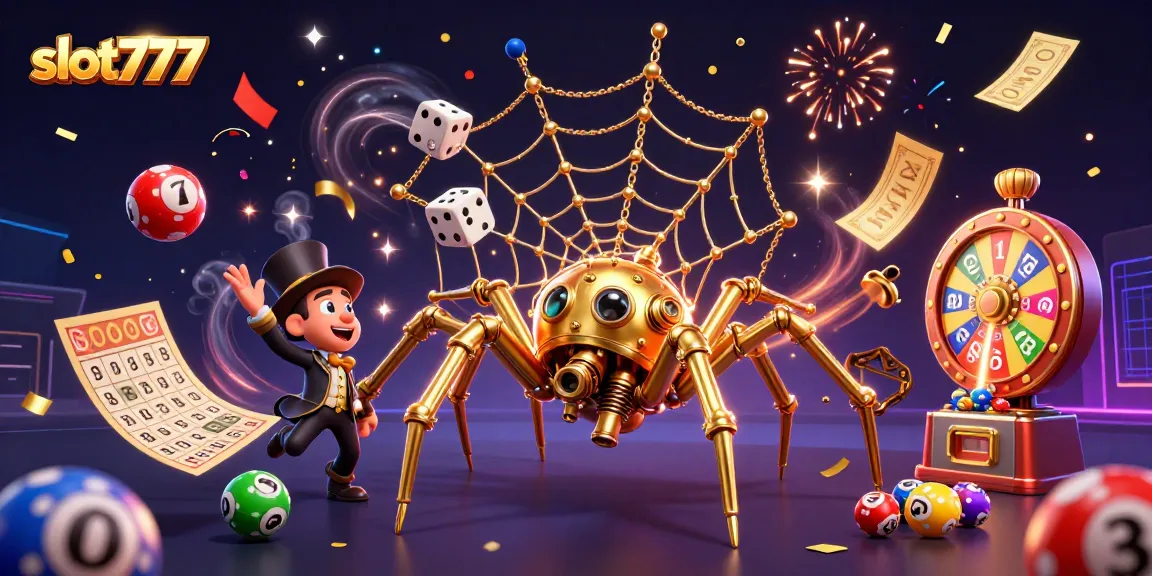 Experience an exciting slot777 extravaganza featuring a 3D golden spider and vibrant gaming elements.