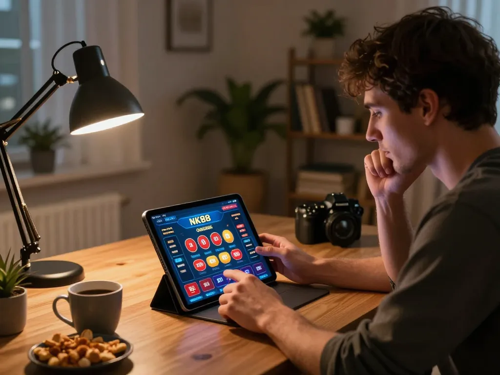 Player engaging with the NK88 online casino app, showcasing a strategic gaming experience in a cozy home.