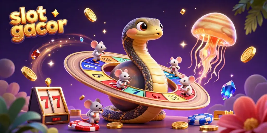 Experience slot gacor excitement with a vibrant 3D illustration depicting cosmic characters engaging with slot wheels.