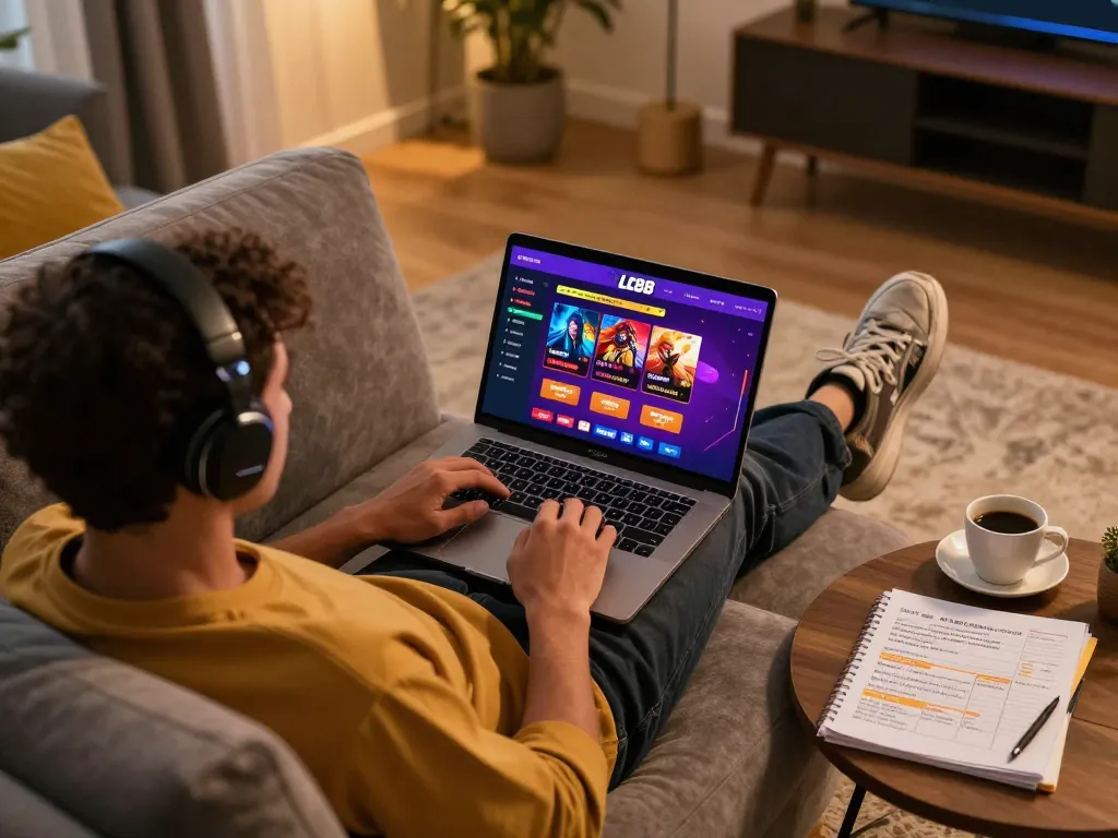 Engaging with LC88 online casino games from home, enjoying a relaxed gaming experience.