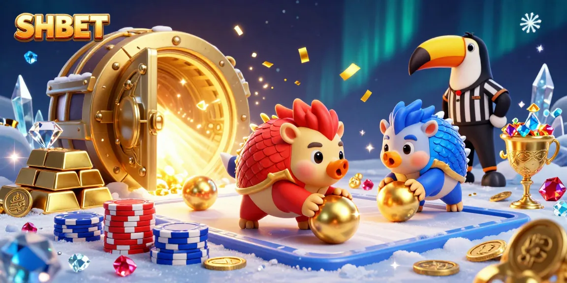 SHBET pangolins bowl through poker chips while surrounded by treasure, gems, and confetti.