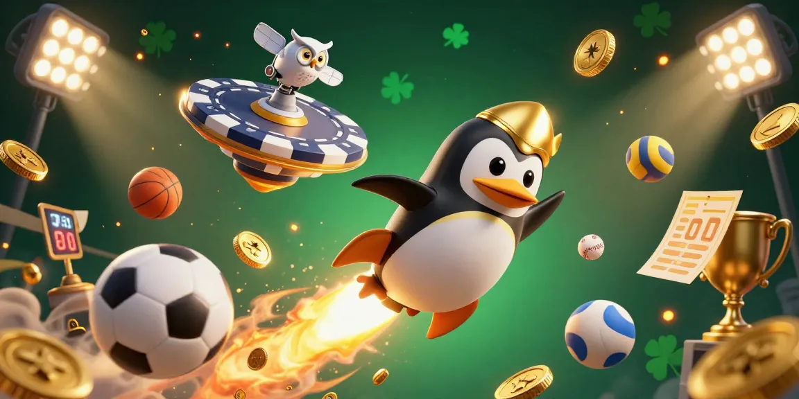 Engage with yaar win game strategies under a vibrant cosmic backdrop featuring a golden penguin and dynamic sports elements.