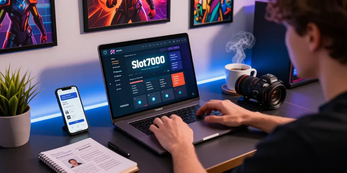 Engaging workspace showcasing Slot7000 app features on laptop surrounded by gaming elements.