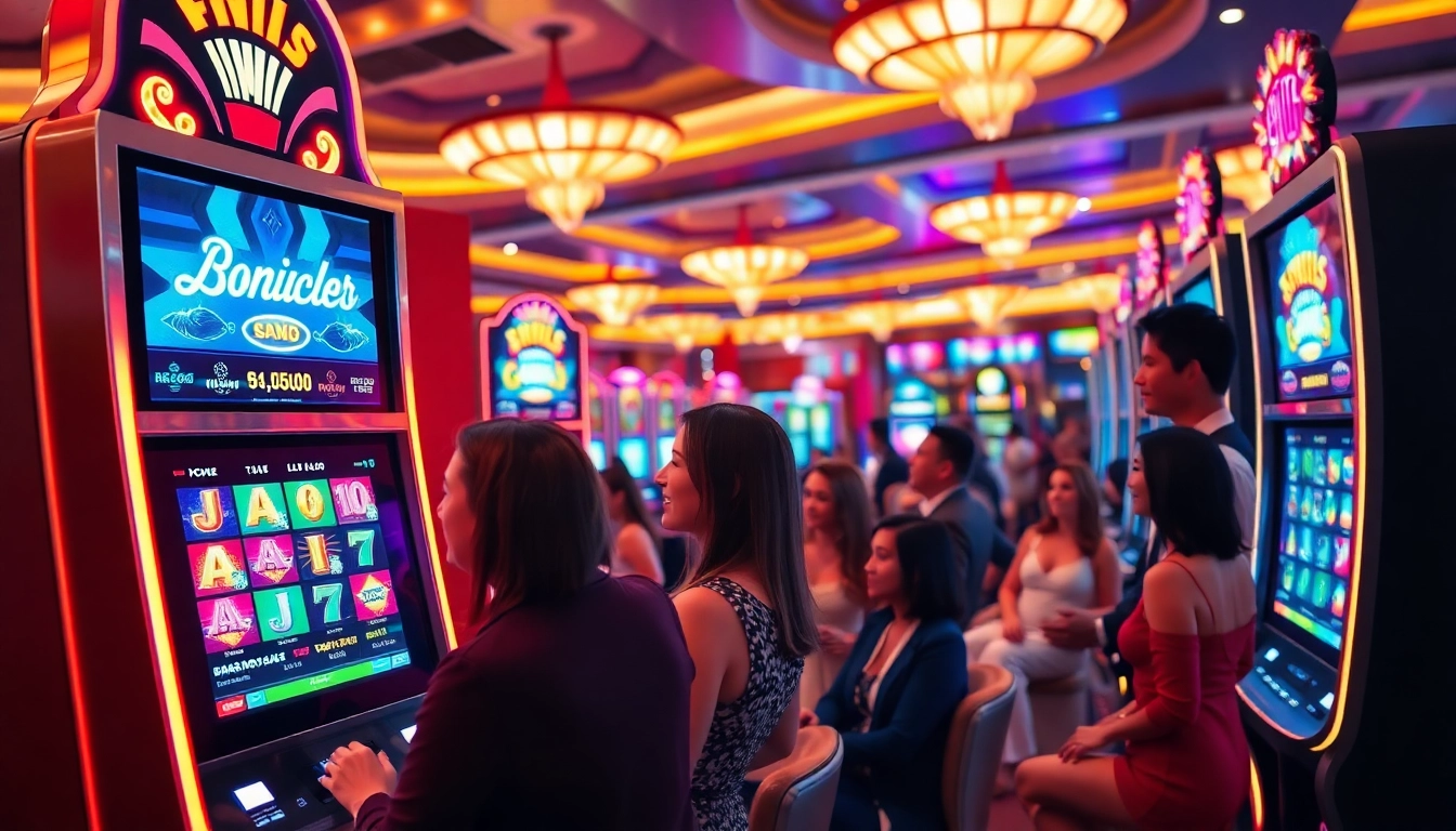 Players enjoying platform slot online terbaru at a colorful casino in an energetic setting.