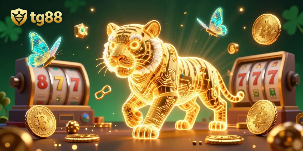 Engage with the exciting tg88 digital casino experience, featuring a golden tiger amidst vibrant slot symbols and cryptocurrency elements.