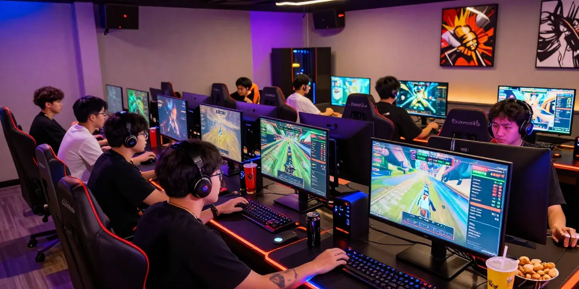 Pajaktoto togel gaming scene with players engaged in a vibrant atmosphere featuring multiple screens and real-time gameplay.