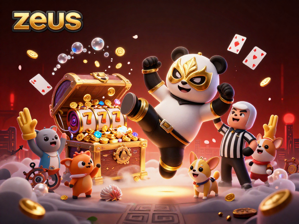Engage with zeus slot gameplay as a panda wrestler performs an epic flying kick amidst a vibrant casino scene.