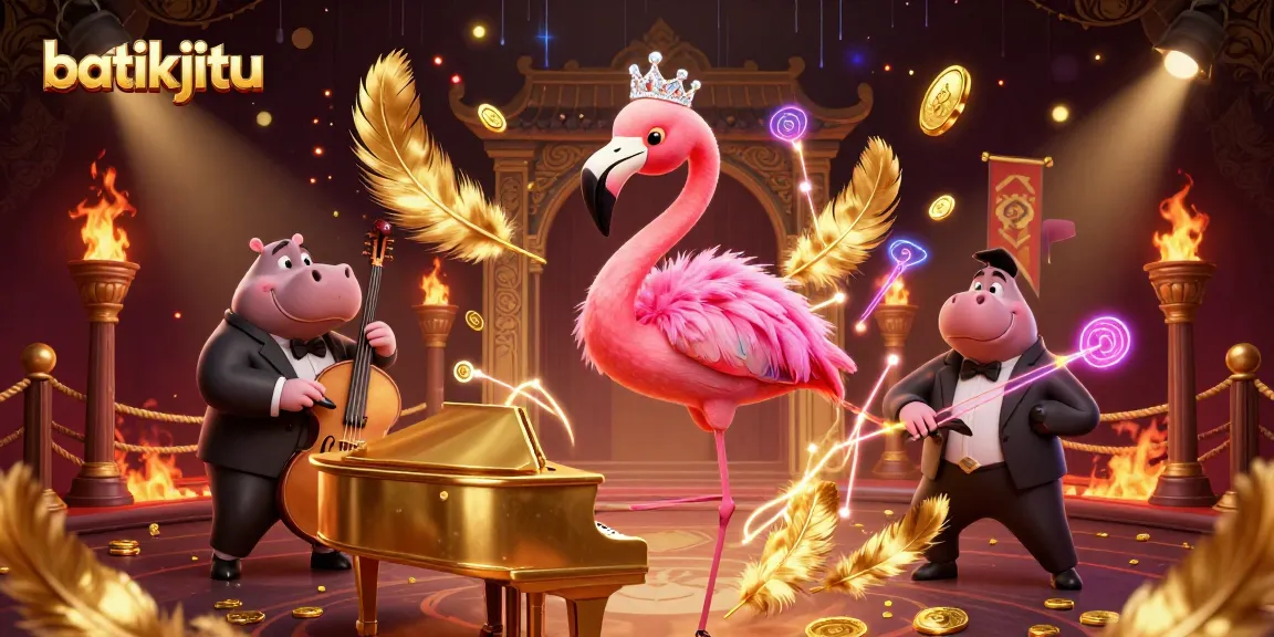 Batikjitu tampil megah dalam ilustrasi 3D dengan penyanyi flamingo dan bassist hippo di latar kasino yang penuh warna.
