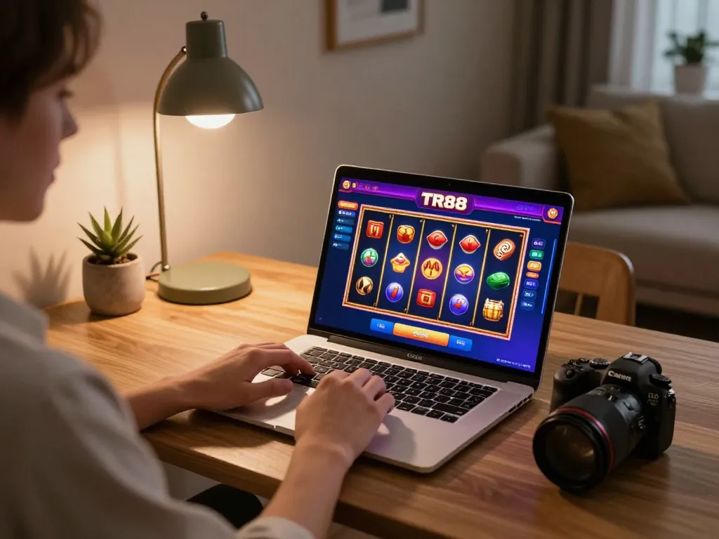 Engaging with the TR88 game on a sleek laptop in a cozy modern home setup.