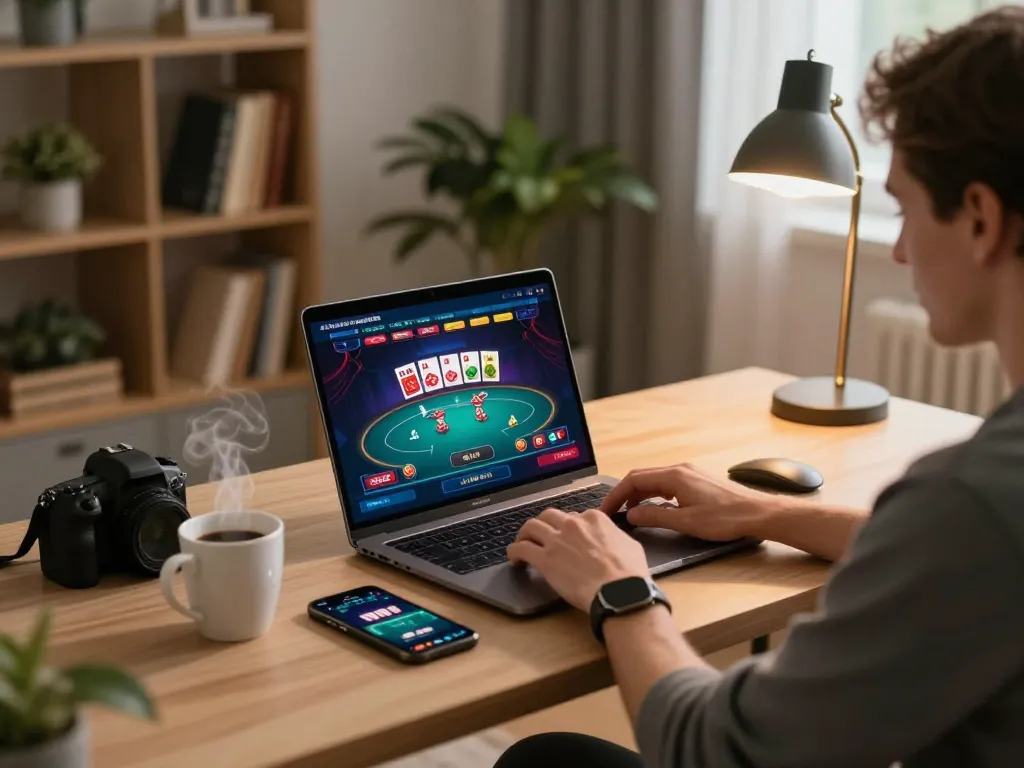 Experience ดูหนัง with dynamic online gambling, showcasing a person engaged in poker at home.