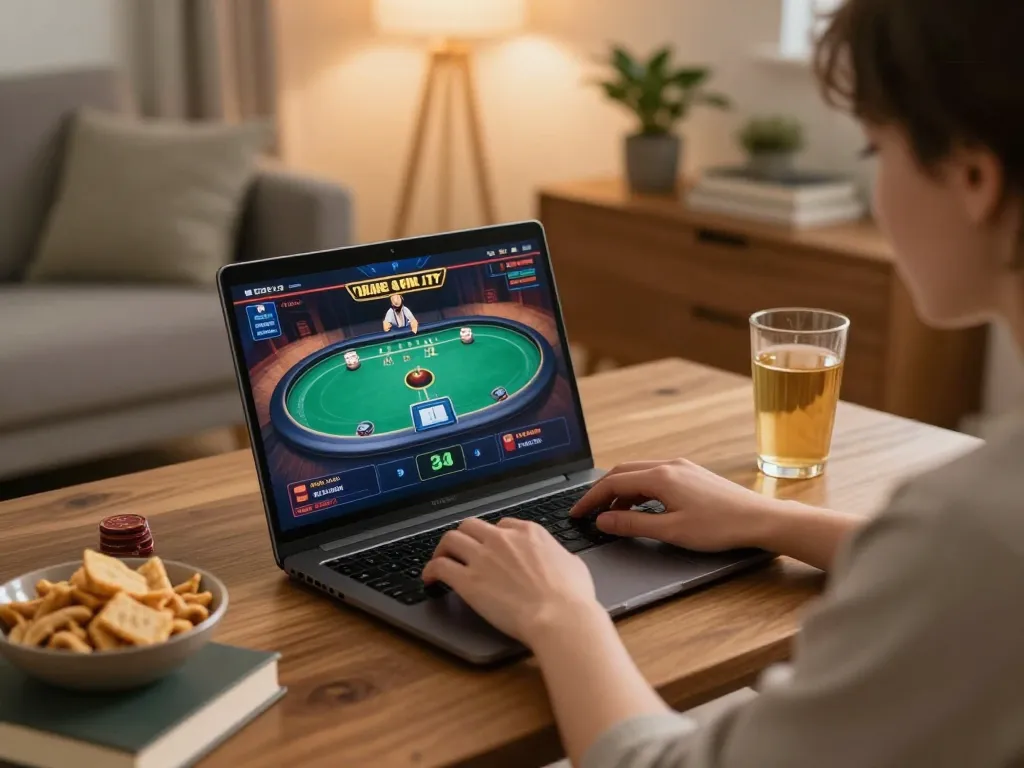 Tham gia trò chơi trực tuyến tại 789club, với một chiếc laptop hiển thị gameplay poker, trong một không gian ấm cúng tại nhà