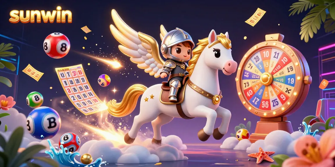 Experience the magic of sunwin as the celestial horse gallops past vibrant casino elements and lottery balls.