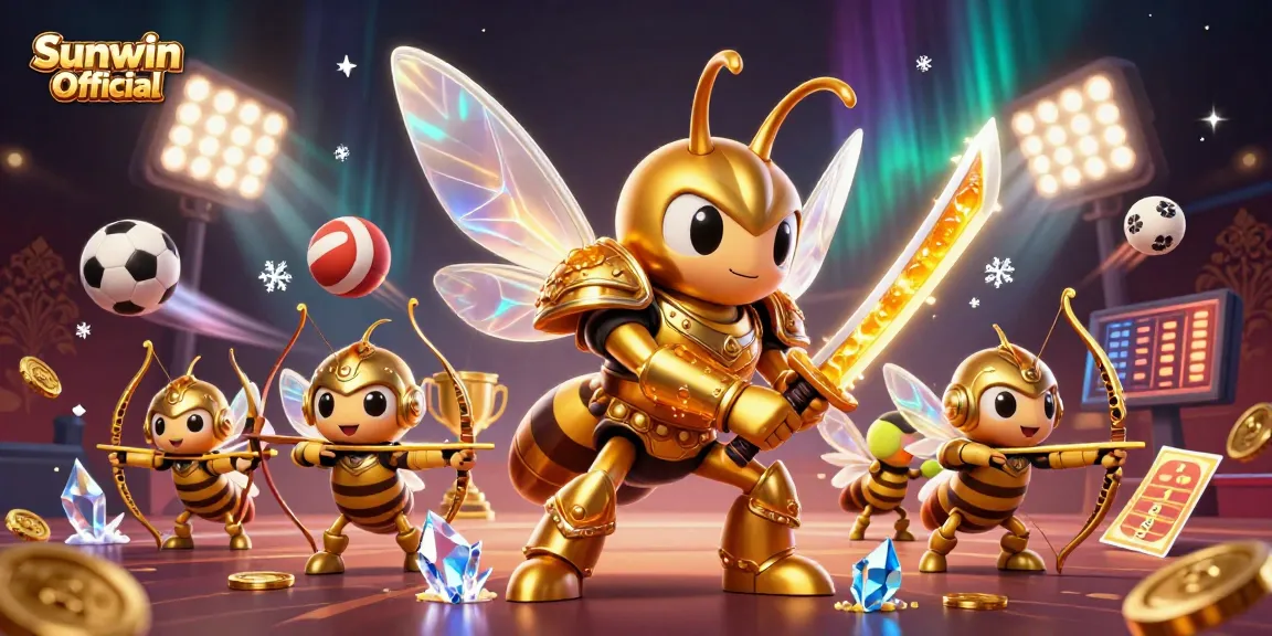 Engage in thrilling gaming with Sunwin Official, a dynamic 3D illustration showcasing a golden hornet samurai leading a team of bee archers.