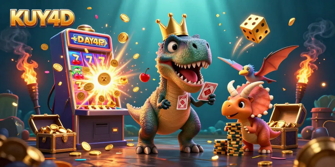 Mengalami keseruan permainan dengan KUY4D melalui ilustrasi 3D, sebagai T-Rex, pterosaurus, dan triceratops bersenang-senang dengan mesin slot yang mengeluarkan koin dan simbol keberuntungan.