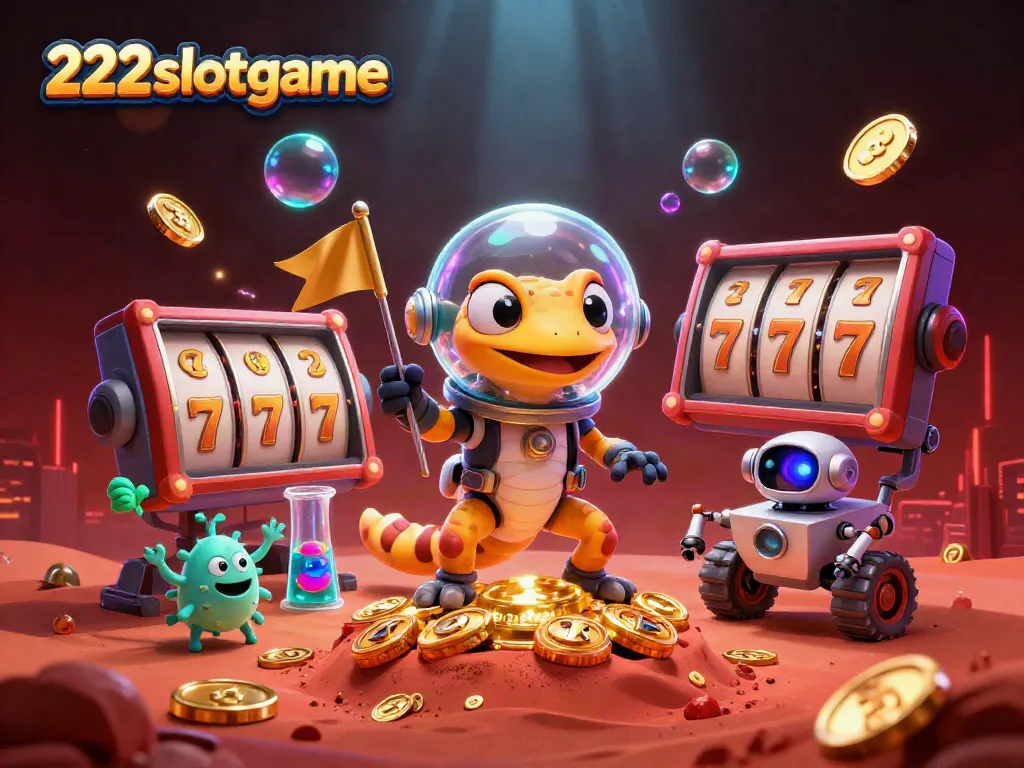 Ilustrasi 3D dari 222slotgame memperlihatkan gecko Mars dan rover robot menemukan kasino emas, dengan elemen slot berkilau.