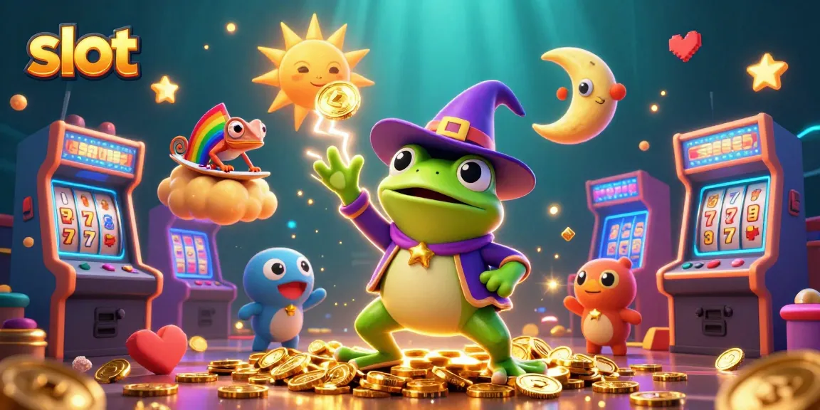 Spin the vibrant casino slots in this colorful scene featuring wizard and chameleon characters.
