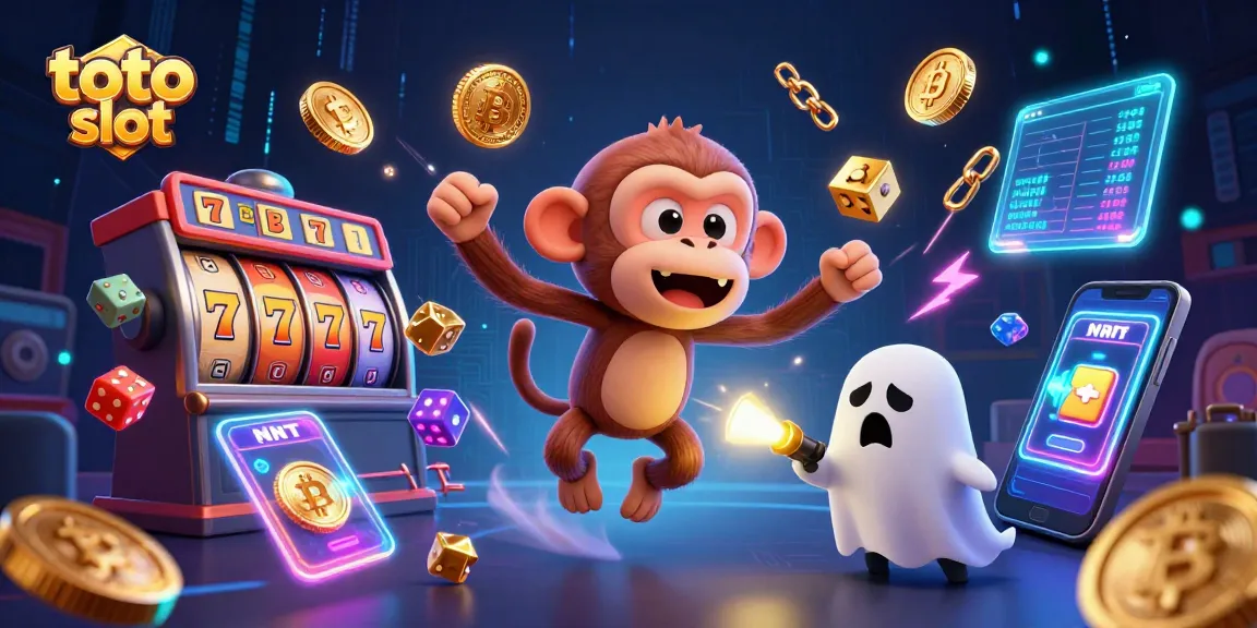 Engage in thrilling toto slot adventures with a playful monkey and ghost-hunter puppy amidst vibrant casino elements.