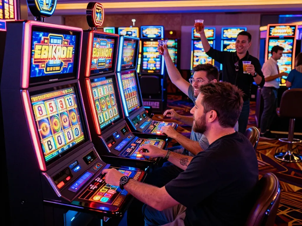 Exciting link slot machine surrounded by players in a vibrant casino atmosphere.