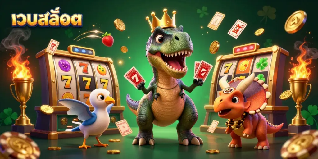 Engage in winning at เว็บสล็อต with a playful T-Rex, pterodactyl assistant, and triceratops amidst dynamic slot machines.