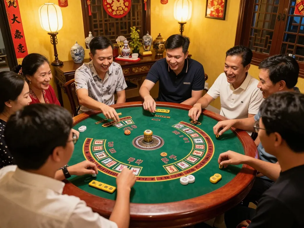 Xóc đĩa players engaging in a lively betting game during a Vietnamese gathering.