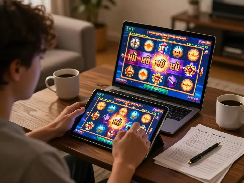 Engaging gameplay of game nổ hũ displayed on a tablet with a cozy home atmosphere.
