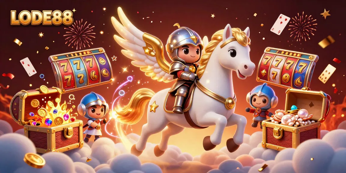Experience thrilling wins at LODE88 with a captivating scene of a knight and a celestial horse racing through a vibrant casino.