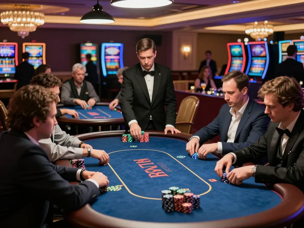 Players engage in a high-stakes poker game at a venue, showcasing hubet passion for strategic gambling.