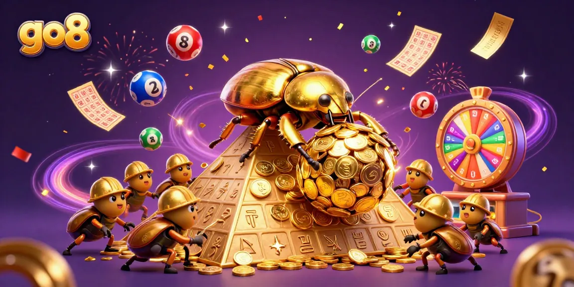 Experience the excitement of go8 with a vibrant scene of lottery balls, golden tickets, and celebratory effects.