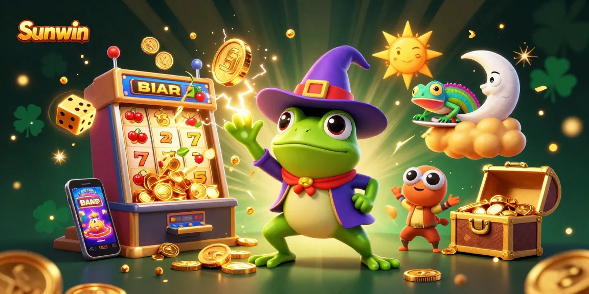 Experience Sunwin magic as the wizard frog conjures coins in a vibrant casino atmosphere.