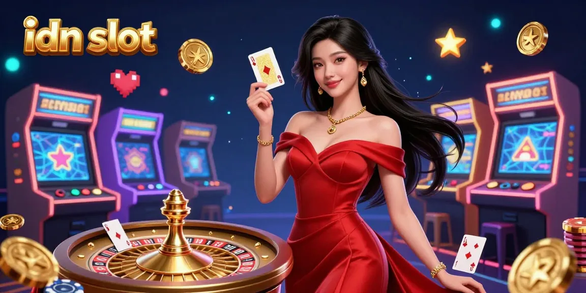 Experience idn slot excitement with a glamorous young woman and golden roulette wheel.