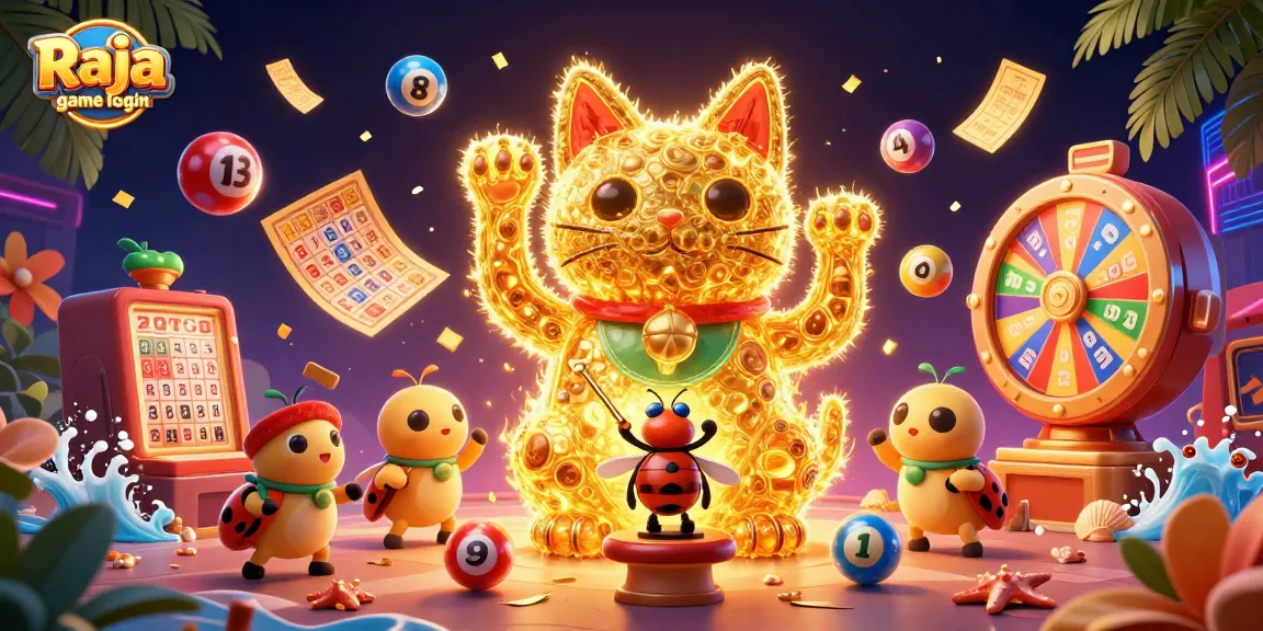 Engage in exciting gameplay with Raja game login, showcasing a lucky cat and colorful lottery elements in a vibrant casino atmosphere.