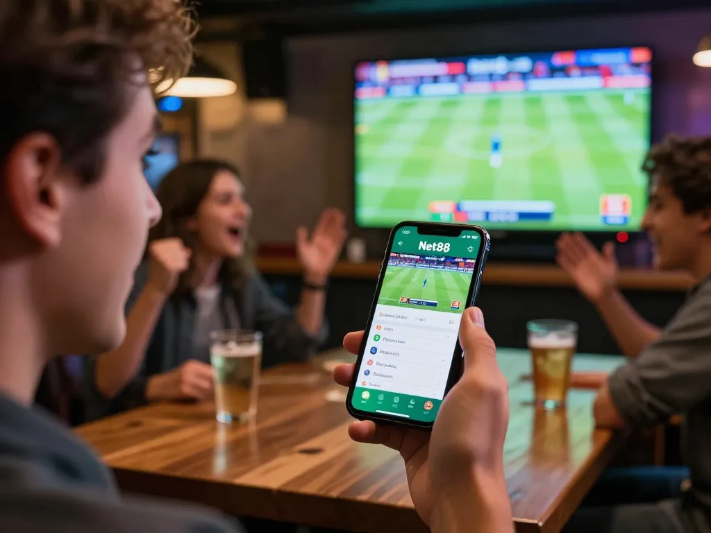 Engaged friend placing bets on the Net88 app during a live sports game in a lively bar