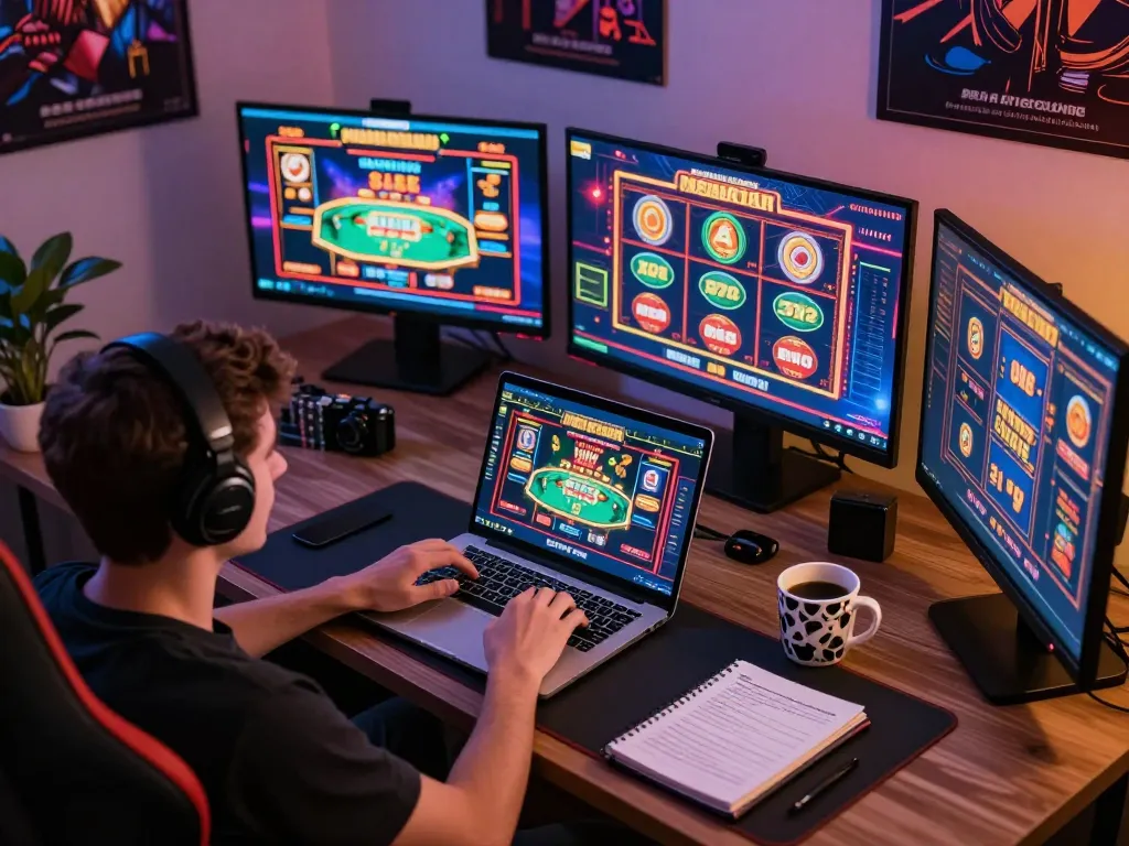 Terlibat dalam permainan online di 88Pulsa dari pengaturan permainan rumah modern, menampilkan kegembiraan kasino dan permainan strategis.