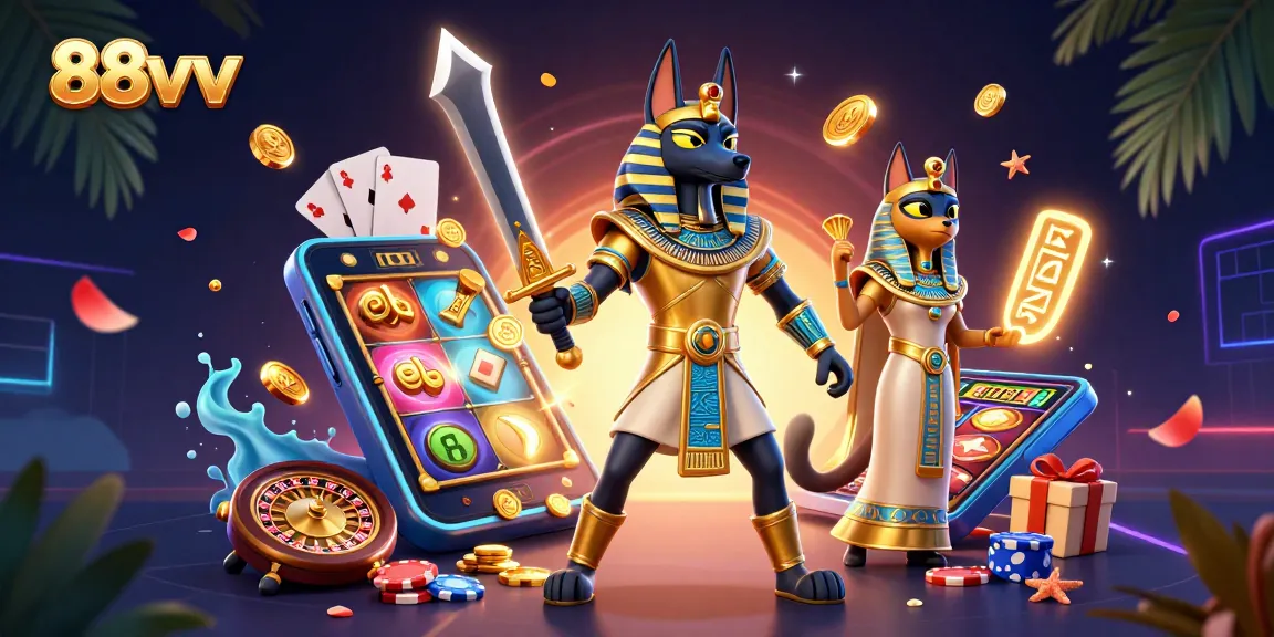 Spin the reels and win with 88vv's vibrant casino gaming illustration featuring Anubis and Bastet.