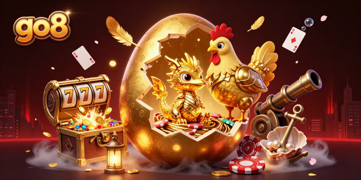 Experience the thrill at go8 as a golden dragon emerges from a dazzling nest of poker chips surrounded by slot reels and treasure.