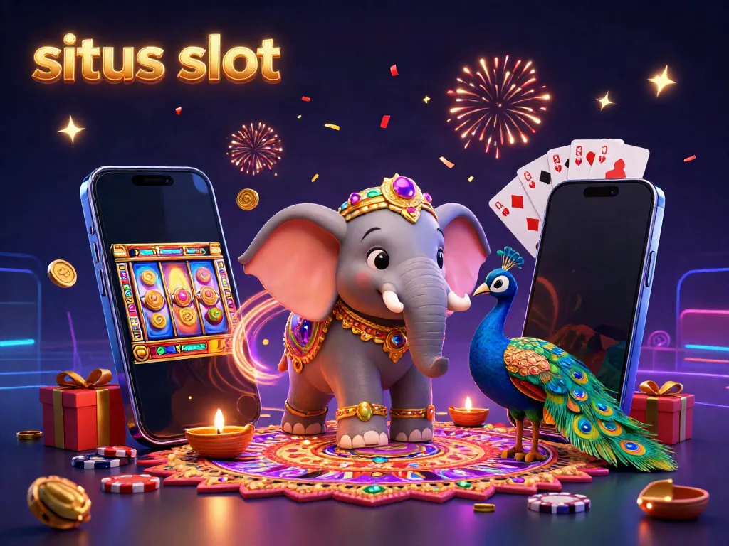 Experience situs slot with vibrant symbols and dynamic gaming elements in a festive 3D illustration.