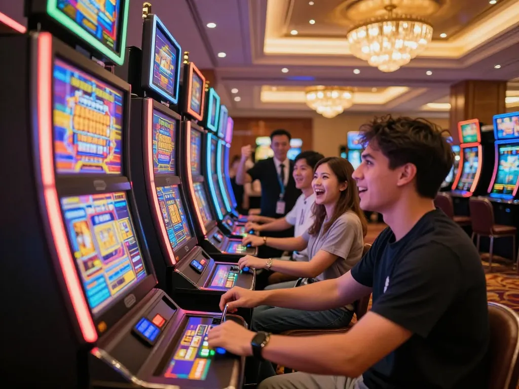 spinadvisor showcasing players engaged with colorful slot machines in a vibrant casino atmosphere