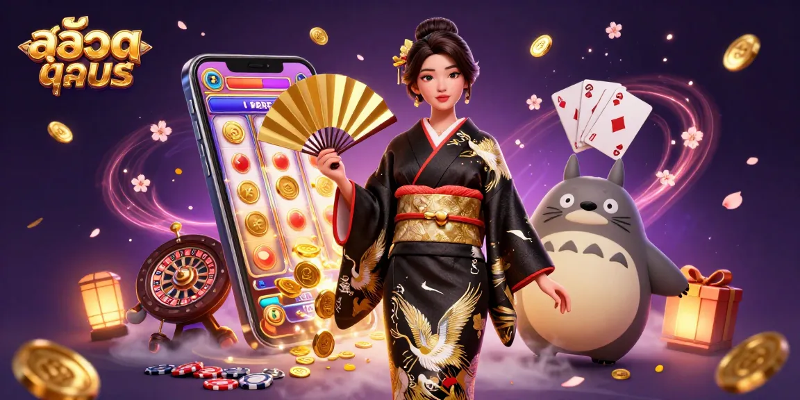 Experience สล็อตทดลอง with an elegant Asian woman and wise tanuki amid golden coins and slot games.