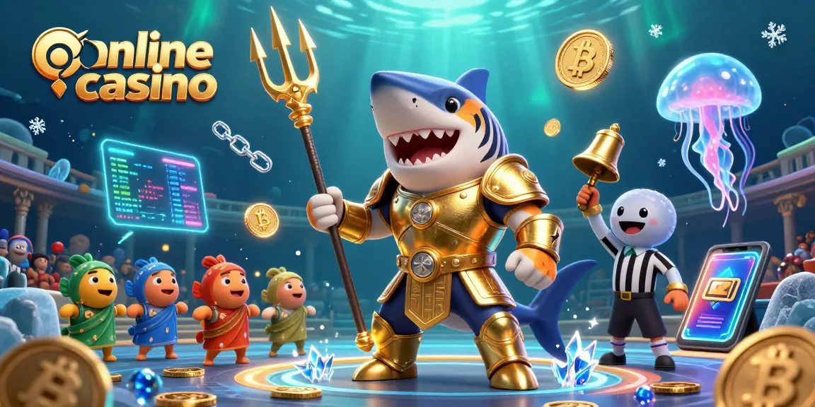 Discover exciting action at an online casino featuring a cartoon shark and crypto elements.