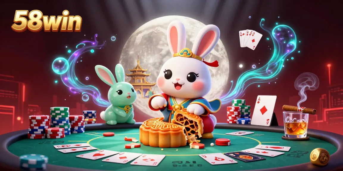 Experience the thrill of poker with 58win, featuring a magical moon rabbit and vibrant casino elements.